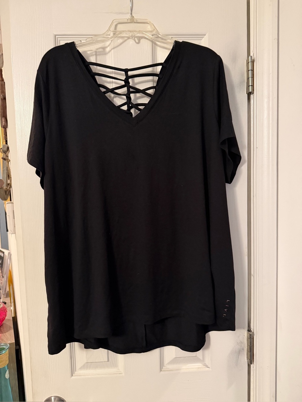 Livi Active Black Short Sleeve V-Neck Top with Ladder Back Detail